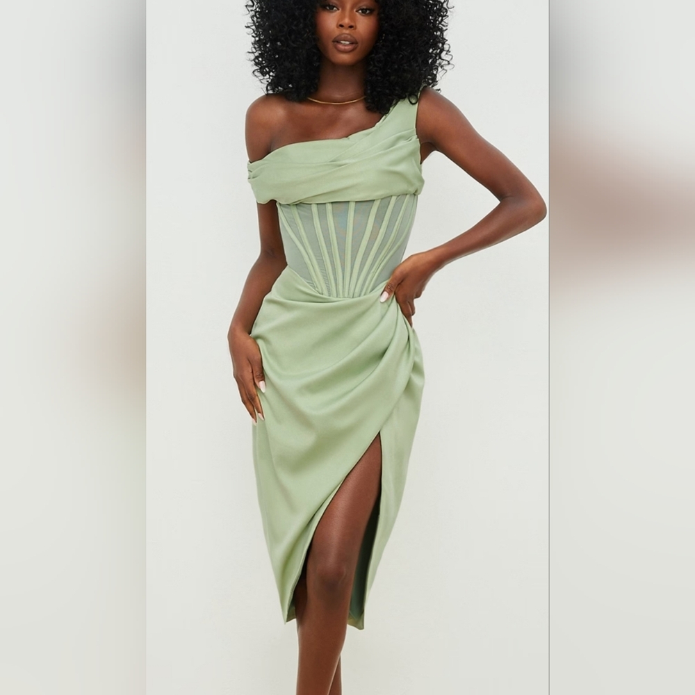 House Of CB Lulu Pistachio Satin Drape Corset Gown Size M